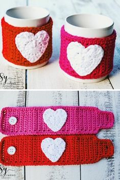 crocheted mug cozyies with hearts on them are perfect for valentine's day