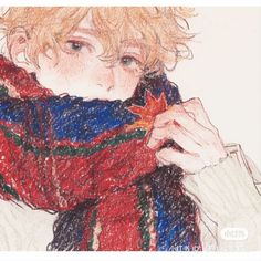 a drawing of a young boy wearing a red, blue and green scarf with a maple leaf on it