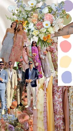 a group of people standing next to each other in front of a flower covered wall