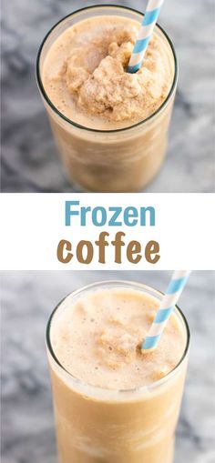 two glasses filled with frozen coffee and one has a straw in it's mouth