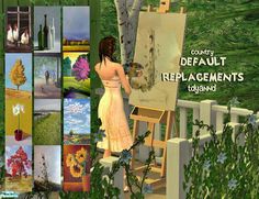 a woman in a dress is painting pictures on a easel with flowers and trees