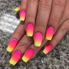 Pink And Yellow Ombre Nails, Yellow Ombre Nails, Neon Yellow Nails, Yellow Nails Design, Nails Neon, Nails Yellow, Pink Ombre Nails