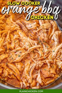 slow cooker orange bbq chicken in a crock pot with text overlay