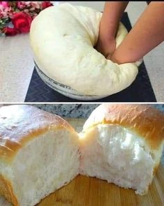 two pictures showing the inside of a loaf of bread being sliced and put on a cutting board