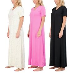 Looking for a sleepwear option that is both stylish and comfortable? Look no further than our 3-pack Women's Short Sleeve V-Neck Long Nightgowns from Real Essentials. Designed with the modern woman in mind, these Long Nightgowns offer the perfect combination of style, comfort, and affordability. Crafted from soft and breathable fabric, our Women's Short Sleeve V-Neck Long Nightgowns keep you cool and comfortable all night long. The V-neck design flatters your neckline, while the short-sleeved an Women Nightwear Dresses, Plus Size Set, Night Wear Dress, Nightwear Dress, Comfortable Loungewear, Sleep Dress, Women Nightwear, Night Shirt, Comfort Style