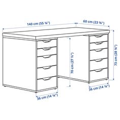 a drawing of a desk with drawers and measurements for the top drawer, side view