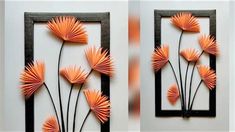 two pictures of flowers made out of folded paper and framed in black wood with orange background