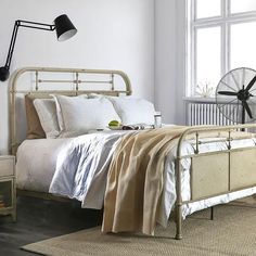 Haldus Industrial Bed in Distressed Ivory Pipe Bed, Industrial Bed, French Country Chic, Bed Frame King, Lodge Homes, Standard Bed, Iron Bed, Metal Bed, Metal Panels