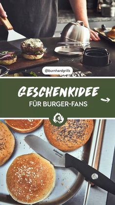 some pancakes are sitting on a pan with a knife in front of them and the title reads gegenkirde fur burger - fans