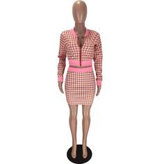 Women's Cropped Shirt and Plaid Skirt Long Sleeve Elastic Zipper Top Party Casual Wrapped Half Dress Lounge Set Outfit Trendy Mini Length Sets For Fall, Trendy Mini Sets For Fall, Pink Long Sleeve Sets For Night Out, Pink Sets For Night Out In Fall, Pink Set For Night Out In Fall, Plaid Skirt Long, Lounge Set Outfit, Half Dress, Cropped Shirt