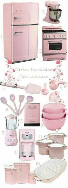 pink kitchen appliances and utensils are shown