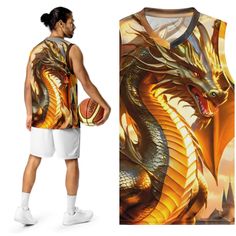 🐉Looking for a basketball jersey that will take your game to the next level? Look no further! Made with recycled polyester fabric, this High-Tech Gold Dragon Design Basketball Jersey Shirt is designed to keep you cool and dry even in the heat of competition. Style it as a streetwear piece and turn heads both on and off the court! *  100% recycled polyester fabric *  Fabric weight: 4.7 oz/yd² (160 g/m²) *  Two-way stretch fabric *  Moisture-wicking material *  Regular fit *  UPF50+ protection * Dragon Shirt Design, Dragon Shirt, Gold Dragon, Recycled Polyester Fabric, Men Summer, Dragon Design, Mens Gold, Basketball Jersey, Jersey Shirt