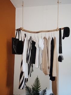 a bunch of clothes hanging up on a rack in a room next to a potted plant