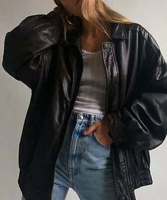 Classic Oversized Leather Jacket. - Available In Premium Quality Real Leather Material. - Color Available In Black. Leather Jacket Vintage, Jacket Outfit Women, Leather Jacket Style, 90's Fashion, Leather Jacket Outfits, Real Leather Jacket, School Looks, Jacket Outfit, Looks Street Style