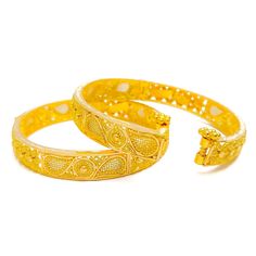 Indulge in opulence with our Decorative Floral Paisley 22k Gold Baby Bangles. This high-fashion set flaunts 20.2g of pure gold, exuding luxury. The Yellow Gold finish and intricate floral paisley design add timeless allure. With a 1.5" diameter and openable screw with hinge, they offer both elegance and practicality. PRODUCT DETAILS Gold Purity(karat): 22k Gold Weight(grams): 20.2 Item Finish: Yellow Gold Bangle Diameter: ﻿1.5" Openable: Yes, Screw w/ Hinge Number of Pieces: 2 Bangles Traditional Yellow Gold Bangle With Intricate Design, Traditional Yellow Gold Filigree Bracelets, Luxury Festive Jewelry With Filigree, Luxury Filigree Jewelry For Festive Occasions, Traditional Yellow Jewelry With Intricate Design, Elegant 22k Gold Bracelets With Intricate Design, Elegant 22k Yellow Gold Bangle, Traditional Yellow Bangle With Intricate Design, Traditional Gold Filigree Bangle