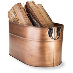 a metal bucket filled with logs on top of a white background