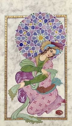 a painting with a woman holding an umbrella on it's head and wearing a purple dress