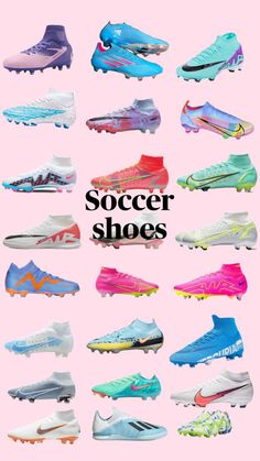 the nike soccer shoes are all in different colors and sizes, including blue, pink, green