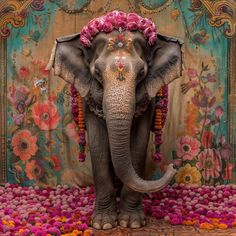 an elephant with flowers on its head standing in front of a colorful wall and carpet