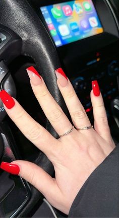 Red Dip Powder Nails Coffin, White Silver And Red Nails, Red Nails With One Finger Design, Hint Of Red Nails, Red Nails With Glitter Ring Finger, Red Nails Ideas For Prom, Red Acrylic Nails Ideas Short, Black And Red Prom Nails Simple, Hoco Nail Ideas Red