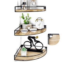 three tiered shelves with plants and other items on them in the shape of bicycle wheels