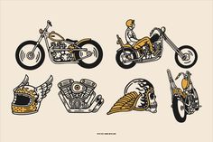 six different types of motorcycles are shown in this drawing, and each has an individual's own helmet on it