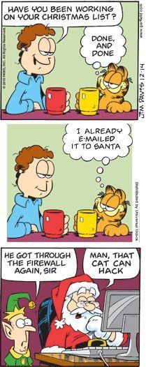 a comic strip with an image of santa claus and garfield the cat talking to each other