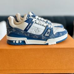 Brand New With Originial Box And Receipt Women’s Size 38 Luxury Jordan Shoes With Air Cushioning For Streetwear, Luxury Blue Low-top Custom Sneakers, Lv Shoes Women, Stylish Sneakers Outfit, Louis Shoes, Zapatillas Louis Vuitton, Louis Vuitton Trainers, Louise Vuitton, Louis Vuitton Shoes Sneakers