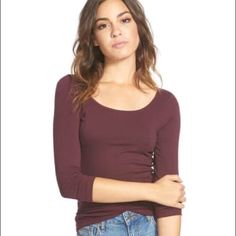 Frenchi | Nordstrom Scoop Neck Tee Size Small Burgundy Stem Treat Yourself To A Tee That Will Be The Foundation Of Many Fall Outfits. The Wide Neck And Abbreviated Sleeves Of This Stretchy Knit Keep Things Feminine. Scooped Neck Three-Quarter Sleeves 95% Cotton, 5% Spandex Machine Wash Cold, Tumble Dry New With Tags *Color May Appear Darker/Lighter Depending On Lighting Trendy 3/4 Sleeve Top For Layering, Trendy Fall 3/4 Sleeve Tops, Trendy Fall Tops With 3/4 Sleeves, Trendy 3/4 Sleeve Tops For Fall, Casual 3/4 Sleeve Tops For Everyday, Half Sleeve Tops For Layering In Fall, Half Sleeve Tops For Fall Layering, Stretch Tops With 3/4 Sleeve For Everyday, Green Long Sleeve Top