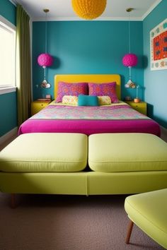 a brightly colored bed in a bedroom with two lamps on the ceiling and one footstool