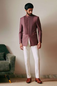 Buy Philocaly Wine Jashn Pintuck Bandhgala Online | Aza Fashions Indian Tradition Mens Wear, I Do Western For Men, Roka Outfit For Men, Bandgala Suits For Men, Formal Dresses For Men Style New, Mens Outfit For Wedding, Suit Designs Men, Designer Jodhpuri Suits For Men, Bollywood Fashion Men