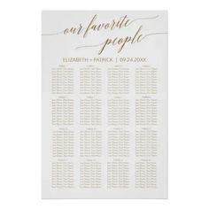 a white and gold wedding seating chart with the names of each seat in gold foil