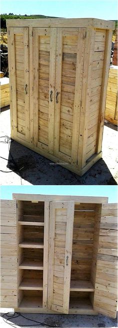 two pictures side by side of a wooden cabinet and the same one with open doors