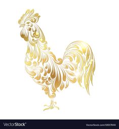 a golden rooster on a white background with an ornament pattern in the shape of a