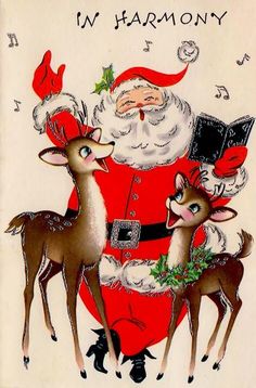 an old fashioned christmas card with santa and deer