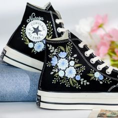 Welcome to LunnNest, a hand embroidered items shop. These are the most meticulously embroidered shoes that I give to you. I embroider them carefully and thoroughly with skillful hands. Converse type: Converse High Tops Chuck Taylor 1970s Converse color:  14. 1970s_Black Price includes: Shoes + Embroidery as Pictured I can buy it for you at a store near your home or you can send me the canvas shoes you have available. Your embroidered Converse, Vans shoes are ready to ship in 8-16 days. I need th Embroidery Designs On Shoes, Black Converse Embroidery Diy, Pretty Shoes For Women, Black Converse Embroidery, Shoe Embroidery Ideas, Converse Embroidery Ideas, Sneaker Embroidery, Embroidered Converse High Tops, Embroidered Shoes Converse