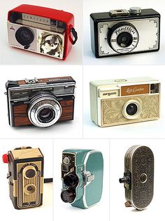 an assortment of old cameras with different colors and designs on the front, from one camera to the next