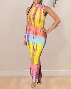 Style:ChicType:SlitMaterial:PolyesterNeckline:O-neckSleeve Style:SleevelessLength:MaxiPattern Type:Tie DyeFit Type:RegularOccasion:DailyPackage Include:1* Dress S: bust:29.1(inch); top length:55.5(inch); bottom waist:26.0(inch); M: bust:30.7(inch); top length:55.9(inch); bottom waist:27.6(inch); L: bust:32.3(inch); top length:56.3(inch); bottom waist:29.1(inch); XL: bust:33.9(inch); top length:56.7(inch); bottom waist:30.7(inch); Make Your Own Dress, Chic Type, Model Outfits, Instagram Model, Fashion World, Sleeveless Maxi Dress, Tie Dye Print, Geometric Designs, Different Fabrics