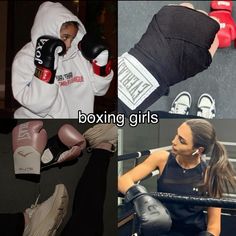 two pictures with boxing gloves on and one in the process of being knocked over by someone