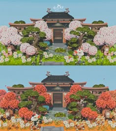 two pictures of the same building with trees and flowers in front of it, one has a pagoda