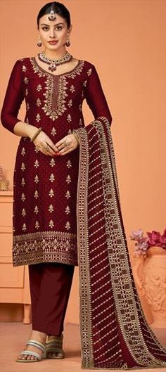 Red and Maroon color Salwar Kameez in Art Silk fabric with Embroidered, Stone, Thread work Red Semi-stitched Churidar With Intricate Embroidery, Semi-stitched Red Churidar With Intricate Embroidery, Red Unstitched Churidar With Intricate Embroidery, Designer Red Churidar With Pallu, Festive Red Unstitched Suit With Intricate Embroidery, Red Designer Churidar With Pallu, Red Semi-stitched Churidar With Traditional Drape, Red Churidar With Pallu For Designer Wear, Red Sharara For Eid And Puja Occasions