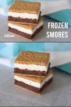 two pictures of ice cream and chocolate sandwich sandwiches with the words frozen s'mores on them