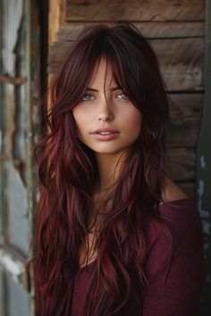 50+ Awesome Black Cherry Hair Color Ideas for 2024 – CreativeBooster Red Hair With Bangs Long, Deep Hair Color Ideas, Oxblood Hair Color, Fall Hair Colors For Tan Skin, Red Hair Long Layers, Cherry Coke Hair Color, Chocolate Cherry Hair Color, Hair Color Cherry Coke