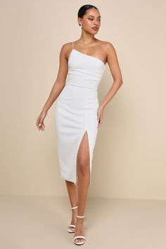 Elegant Allure White One-Shoulder Sleeveless Midi Dress Bridal Shower Dress For Bride One Shoulder, Formal Sleeveless One-shoulder Dress With Side Slits, White Sleeveless Bandage Cocktail Dress, White Sleeveless Bandage Dress For Cocktail, Elegant One-shoulder Sleeveless Dress For Date Night, Elegant One Shoulder Sleeveless Bodycon Dress, Cocktail Bodycon One Shoulder Midi Dress, Elegant Bodycon Sleeveless One Shoulder Dress, Elegant Sleeveless Bodycon One-shoulder Dress