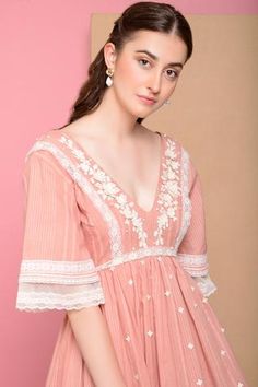 Shop for Sahil Kochhar Pink Cotton Embroidered Flared Dress for Women Online at Aza Fashions Sahil Kochhar, Onion Pink, Layered Dress, Flared Dress, Layer Dress, Designer Gowns, Kids Sleepwear, Indian Design, Pink Cotton