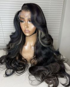 Wigs On Mannequin Head, Wig On Mannequin, Black Wigs For Black Women, Highlights Lace Front Wig, Lace Front Wig Deep Wave, Prom Wig, Wig With Highlights, Prom Wigs, Highlights Hairstyles