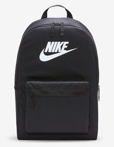 a black nike backpack with white nike logo on the front and back pocket, it is also