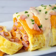 an omelet with ham and cheese is on a plate