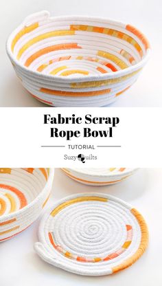 fabric scrap rope bowl is shown in three different colors