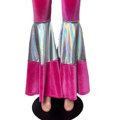 Funky and Bold new style of tiered flare bell bottoms in neon hot pink velvet with a contrast of our opal holographic. These bell bottoms will fit you perfectly. They hug your hips and flare out at the feet. The standard inseam is 34" (the mannequin is 5'8") but can be customized by putting your desired inseam in the comments/notes when checking out. Please choose between low-rise, mid-rise, or high-waist. Bell Bottom, Pink Velvet, Hug You, New Style, Bell Bottoms, Low Rise, Hot Pink, Mid Rise, High Waist